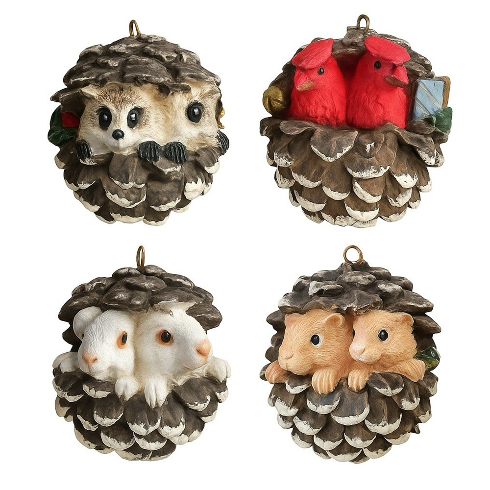 Woodland Pinecone Ornaments Animals Cardinal Rabbit Hedgehog Chipmunk VTG Set 4